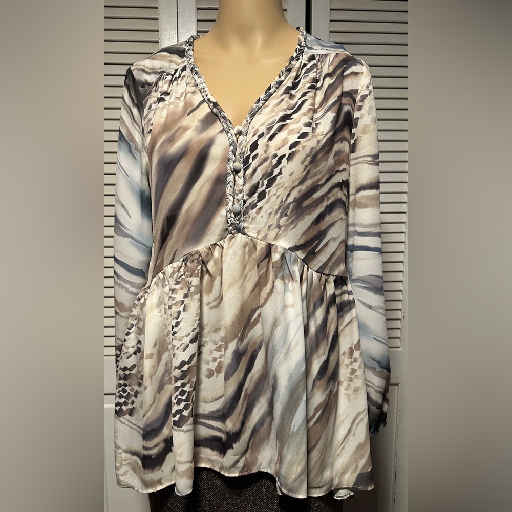 Animal Print Boho Satin Blouse Pleats Asymmetrical Brown Cream V Cristina M